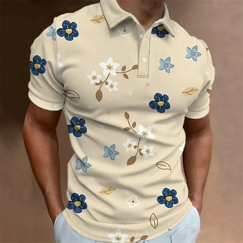 Men's Polo Shirt Summer Casual Short Sleeve Flower Print Buttons Polo Shirts Tops Fashion Pullover Tshirts Male Golf Wear