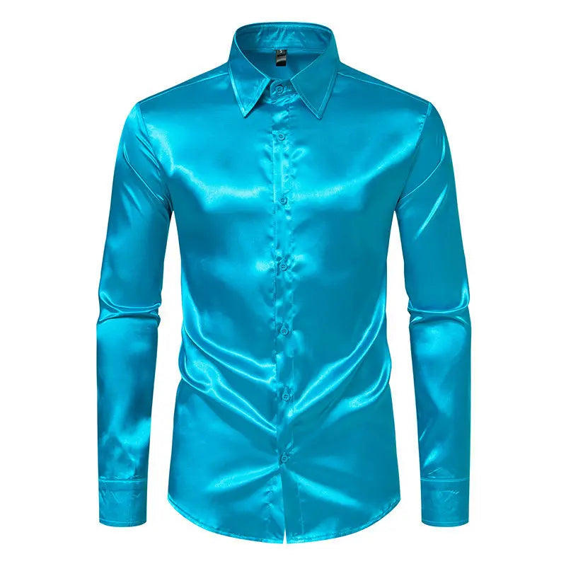 Bright face shirt, men's long sleeved autumn and winter men's clothing, satin nightclub style, solid color trend, men's trend