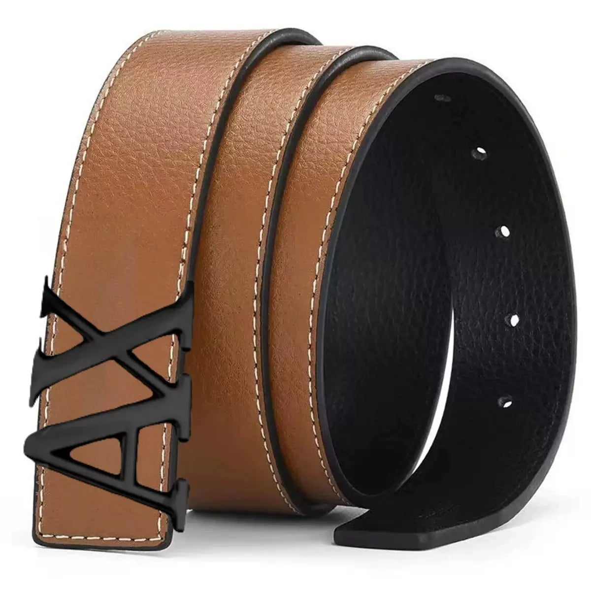 Men's  Belt with Silver A - Shape Automatic Buckle, Slim Business Casual Waist Strap for Dress Pants, Black