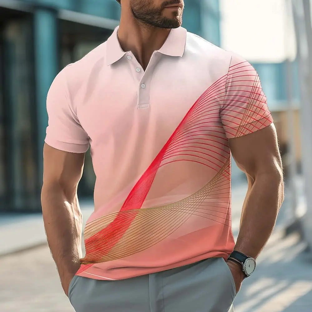 Men's Geometic Line Polo Shirts Short Sleeve Polo Shirts Collared Shirts Casual Athleisure Buttons Summer Blue Yellow Red Polo