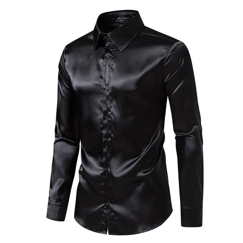 Bright face shirt, men's long sleeved autumn and winter men's clothing, satin nightclub style, solid color trend, men's trend