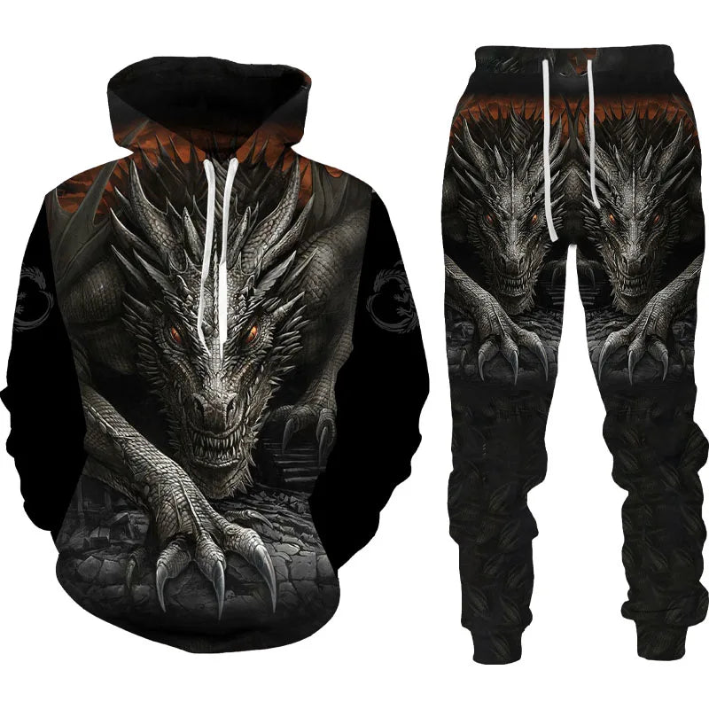 Popular Dragon 3D Printed Men's Sweatshirt Hoodies Set Animal Tracksuit Pullover Jacket Pants Sportswear Autumn jogging Set﻿﻿