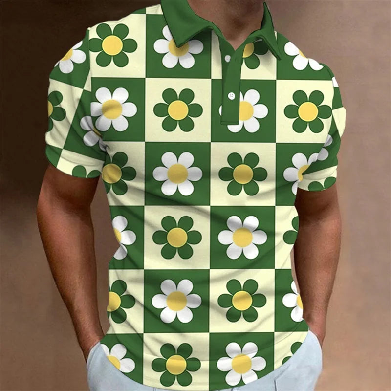 Men's Polo Shirt Summer Casual Short Sleeve Flower Print Buttons Polo Shirts Tops Fashion Pullover Tshirts Male Golf Wear