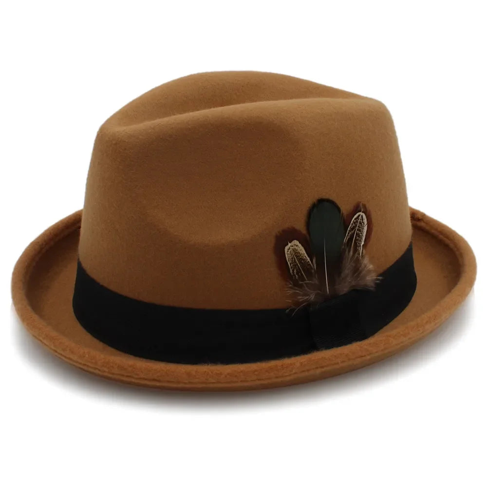 Men Wool Fedora Hats for Dad Dad Roll Up Brim Feather Decorative Church Hat Male Jazz Cap Panama Hat
