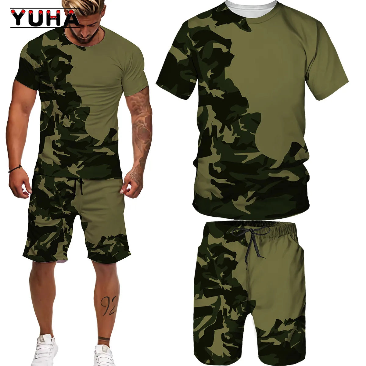 YUHA Summer Camouflage Tees/Shorts/Suits Men's T Shirt Shorts Tracksuit Sport Style Outdoor Camping Hunting Casual Mens Clo