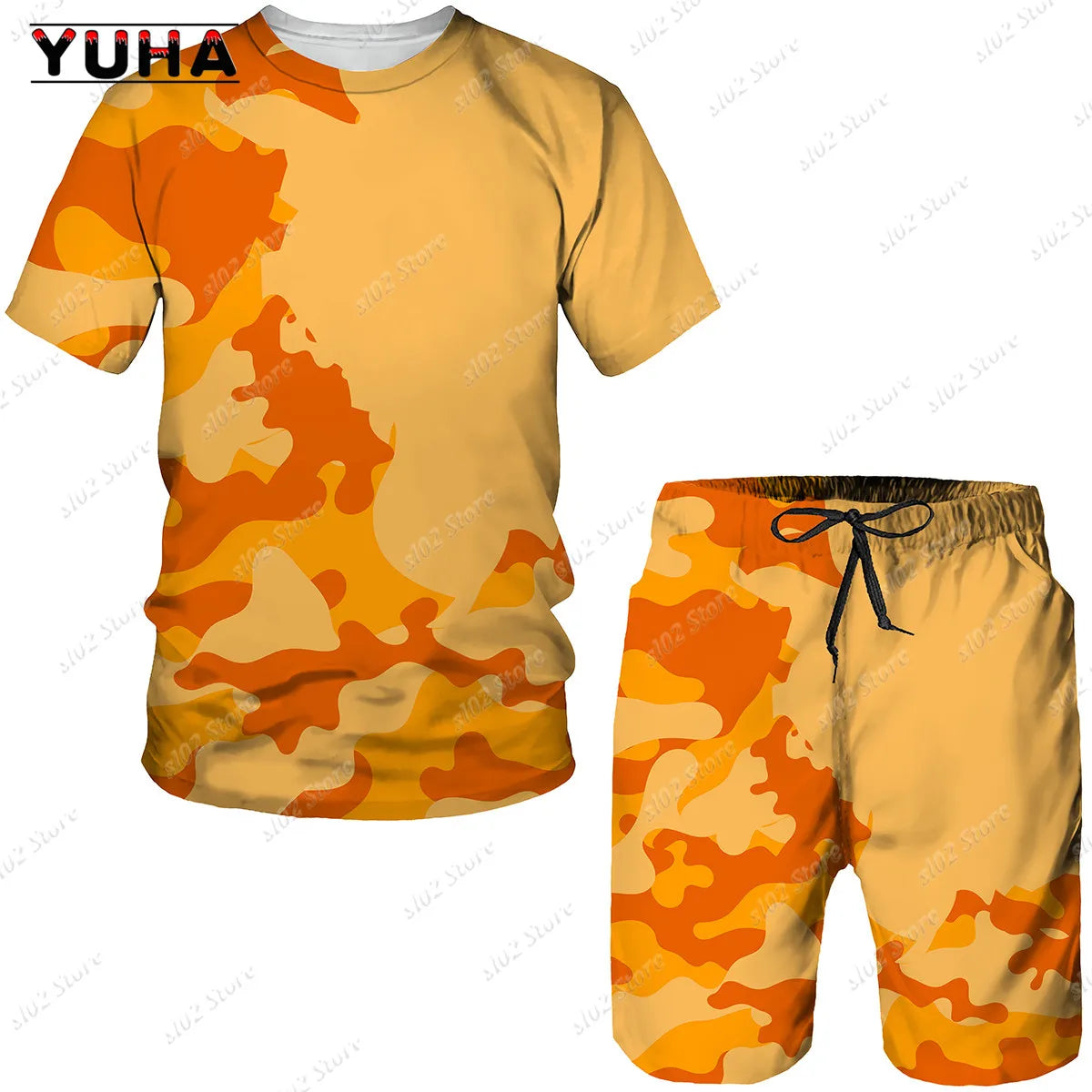 YUHA Summer Camouflage Tees/Shorts/Suits Men's T Shirt Shorts Tracksuit Sport Style Outdoor Camping Hunting Casual Mens Clo