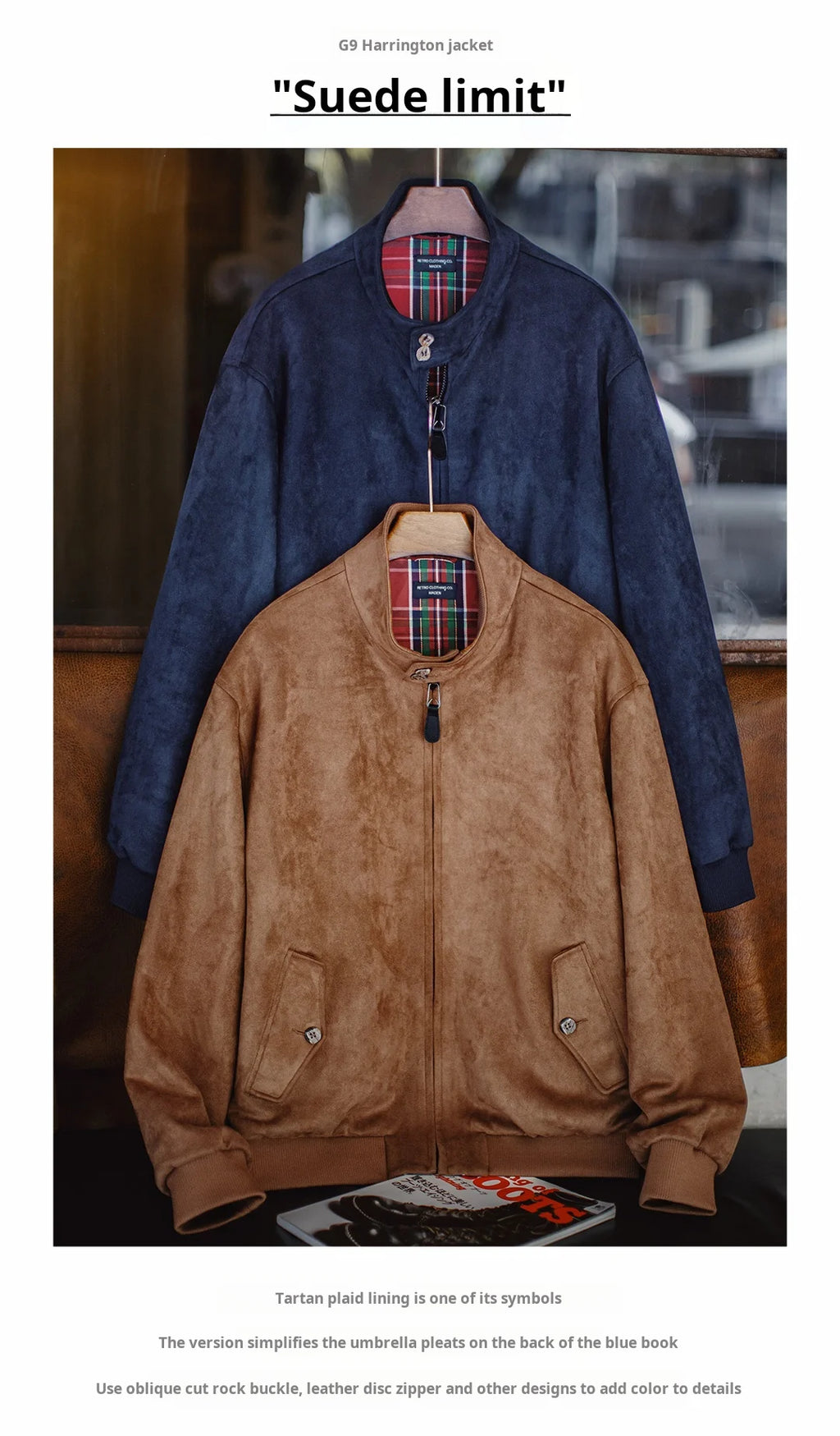 Maden Vintage Men's Suede Jackets Zippered Stand Collar Windbreaker with Tartan Lining Warm Coat for Autumn Winter Streetwear