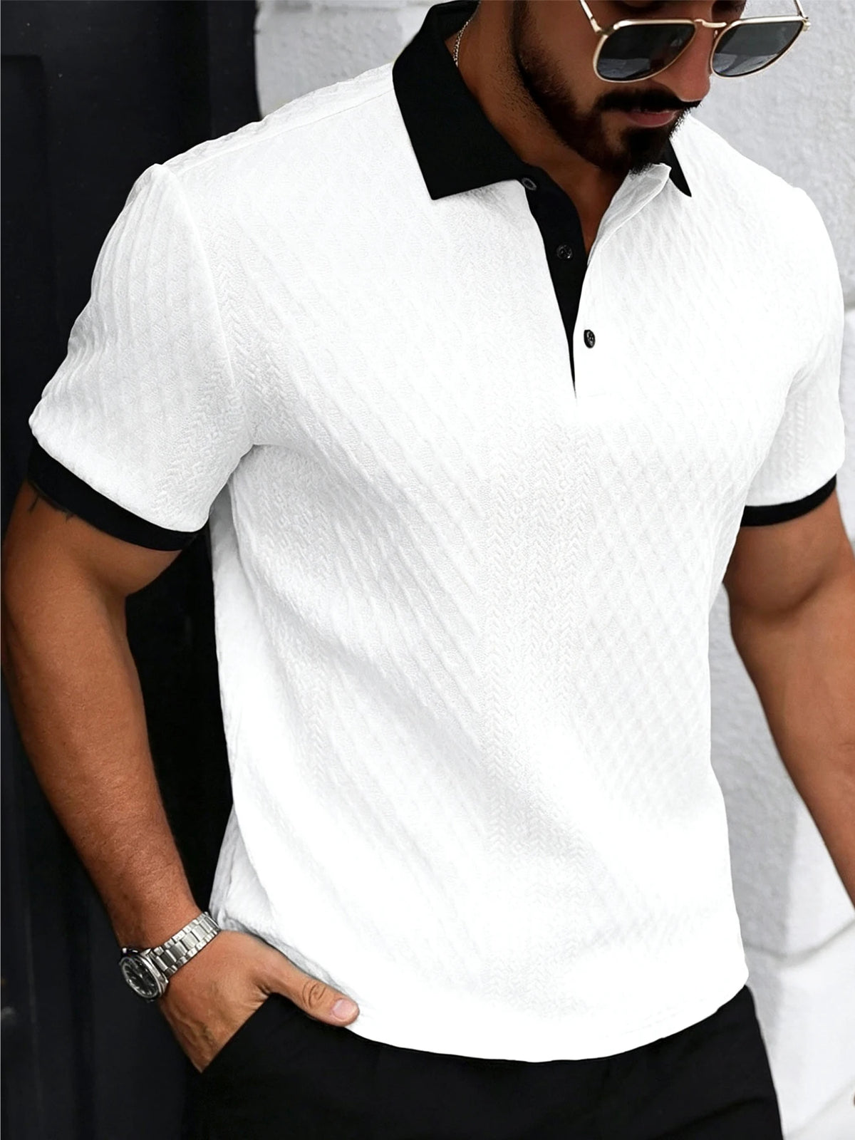 Men's Casual Polo Shirt — Knitted with Slight Stretch | Italian-Inspired Openwork Print Design | Simple Solid Color | Soft & Com