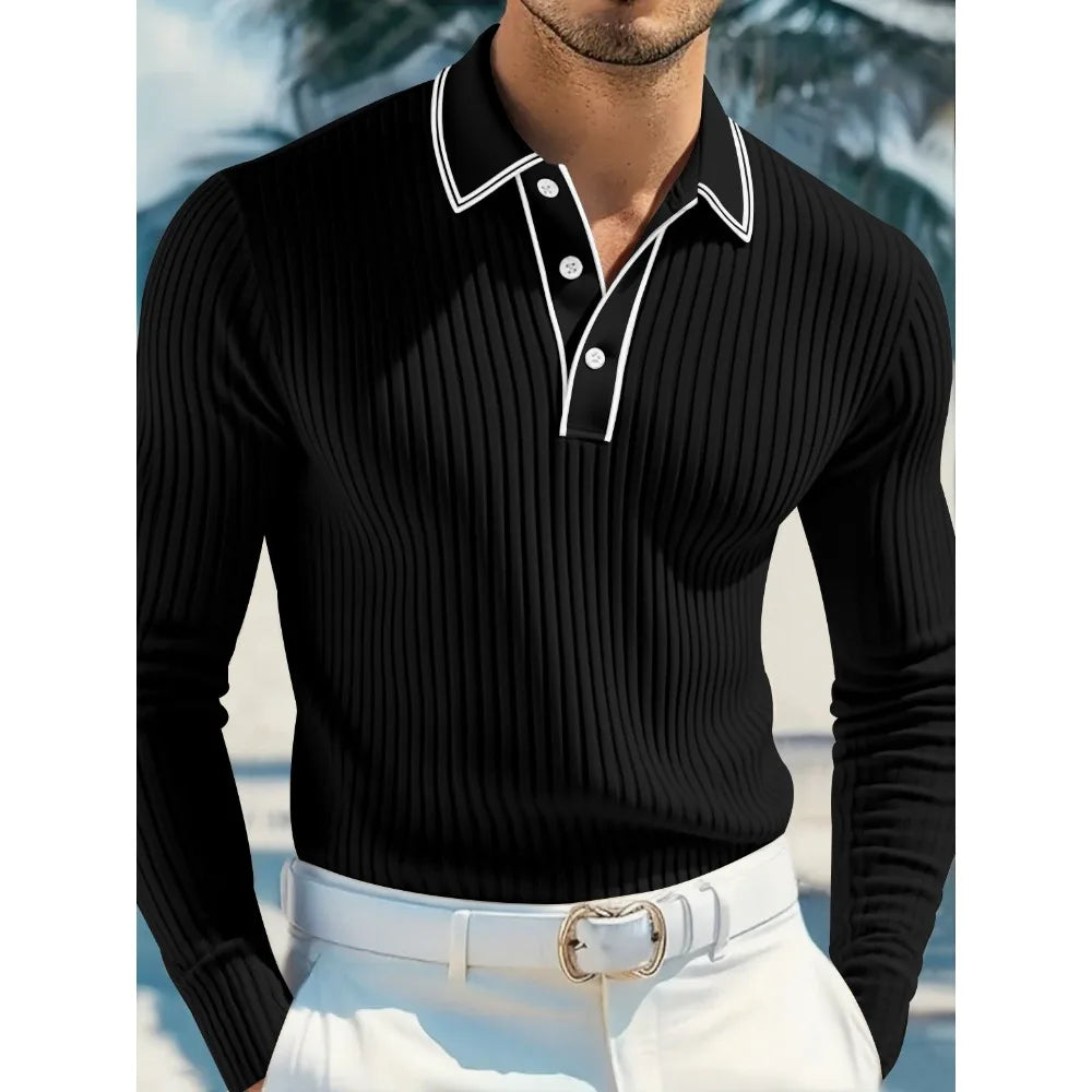 New Men's Long Sleeve Knitted Polo Shirt Classic Cotton Knit with Button Placket Business Casual & Golf Top Spring Autumn Shirts