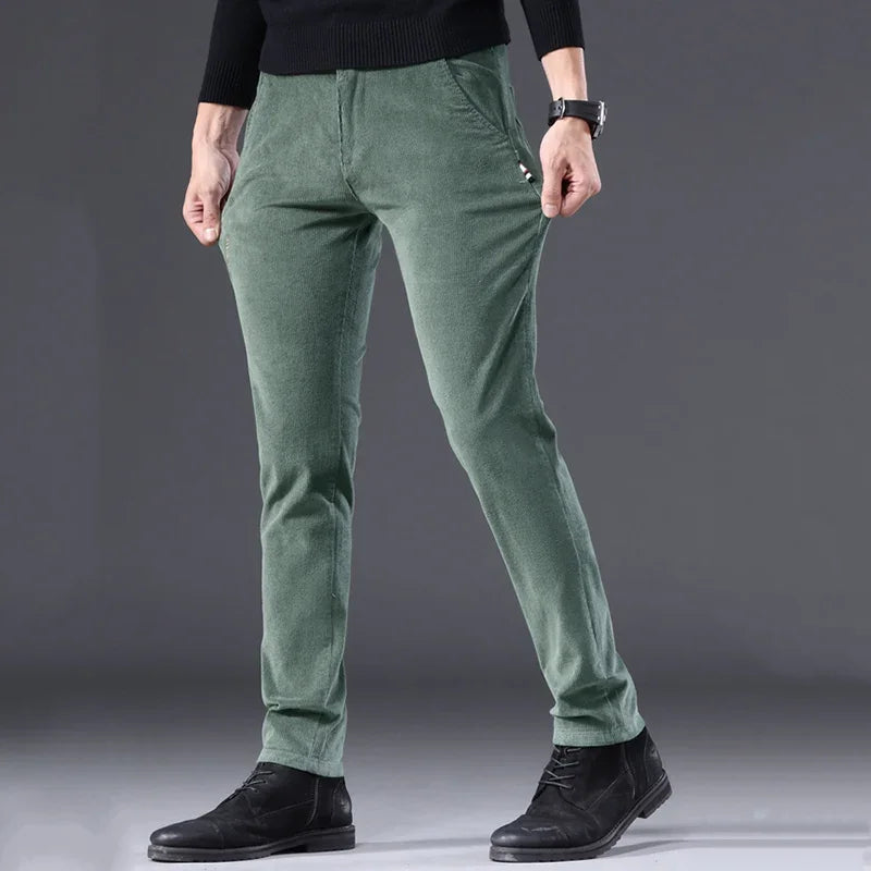 Men's Solid Straight Leg Corduroy Fabric Casual Pants Male Army-green Coffee Office Pants Stylish Youth Autumn Winter Trousers