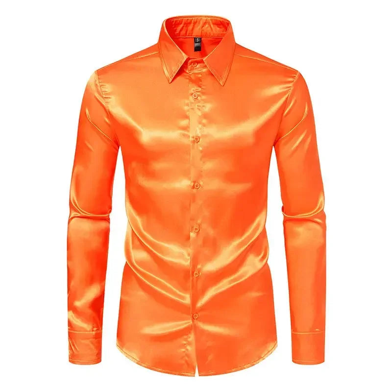 Bright face shirt, men's long sleeved autumn and winter men's clothing, satin nightclub style, solid color trend, men's trend