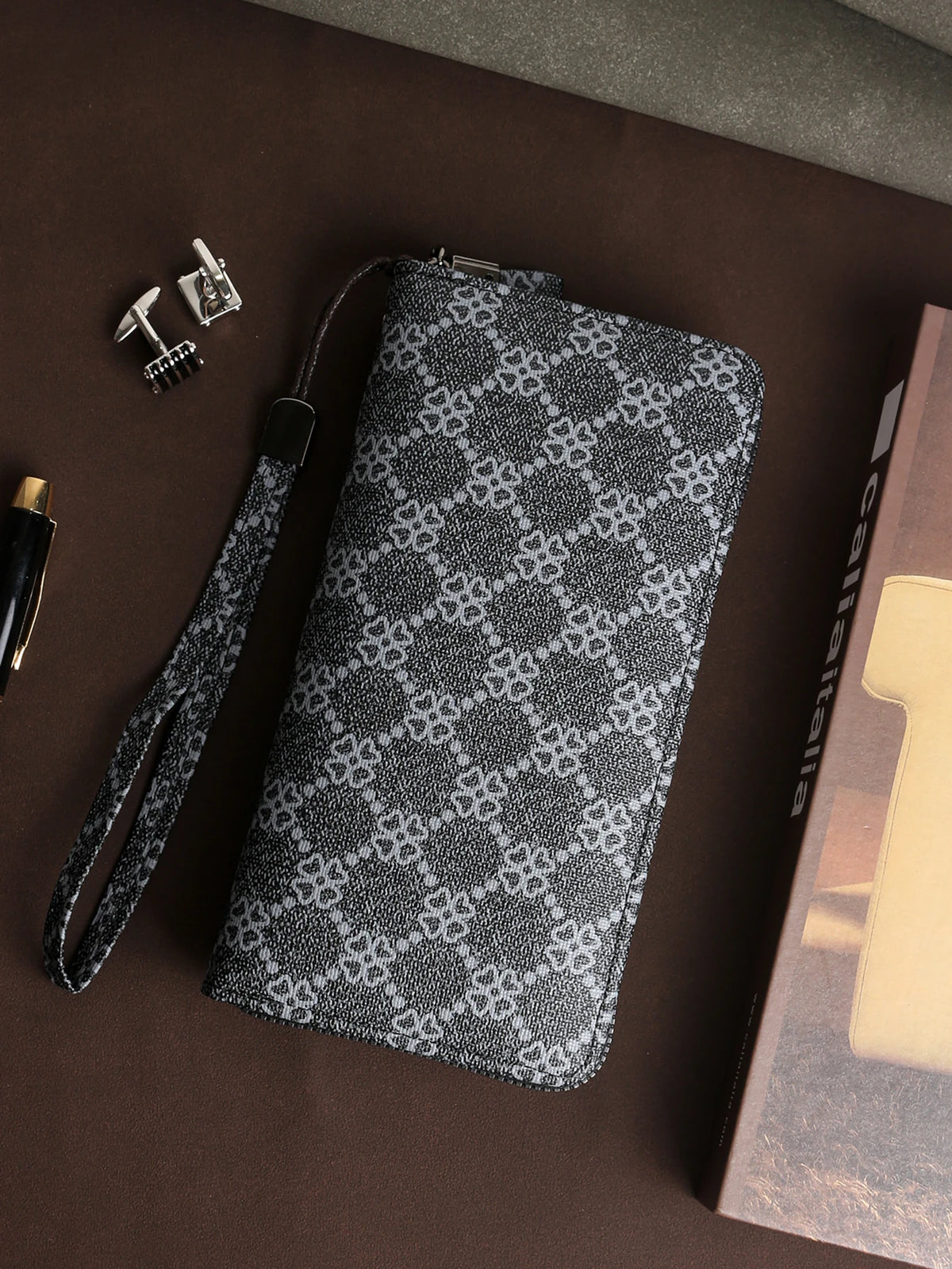Men's Long Wallet - Premium PU Leather with Detachable Wrist Strap, Business Metal Hardware Organizer