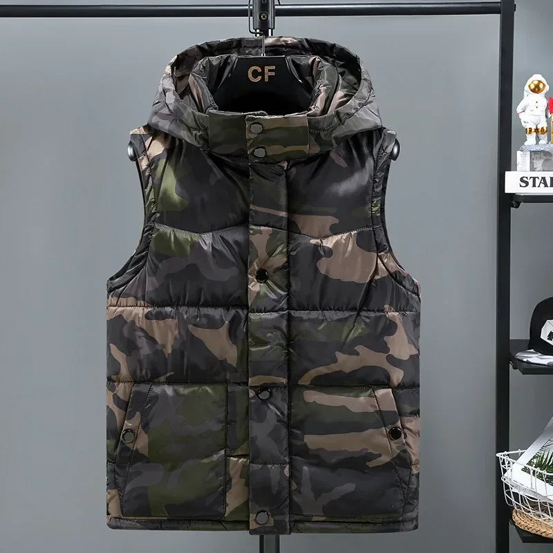 Army Green Vest for Men Cotton Hat Detachable Sleeveless Jacket Fashion Spring and Autumn Clothing  Mens Jacket Plus Size 5XL