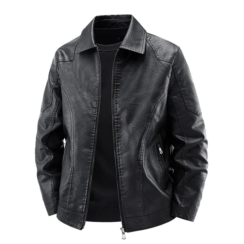 Men's Fashion Motorcycle Style Leather Jacket Autumn Winter Slim Fit Zipper Closure Casual Korean Large Size Leather Coat