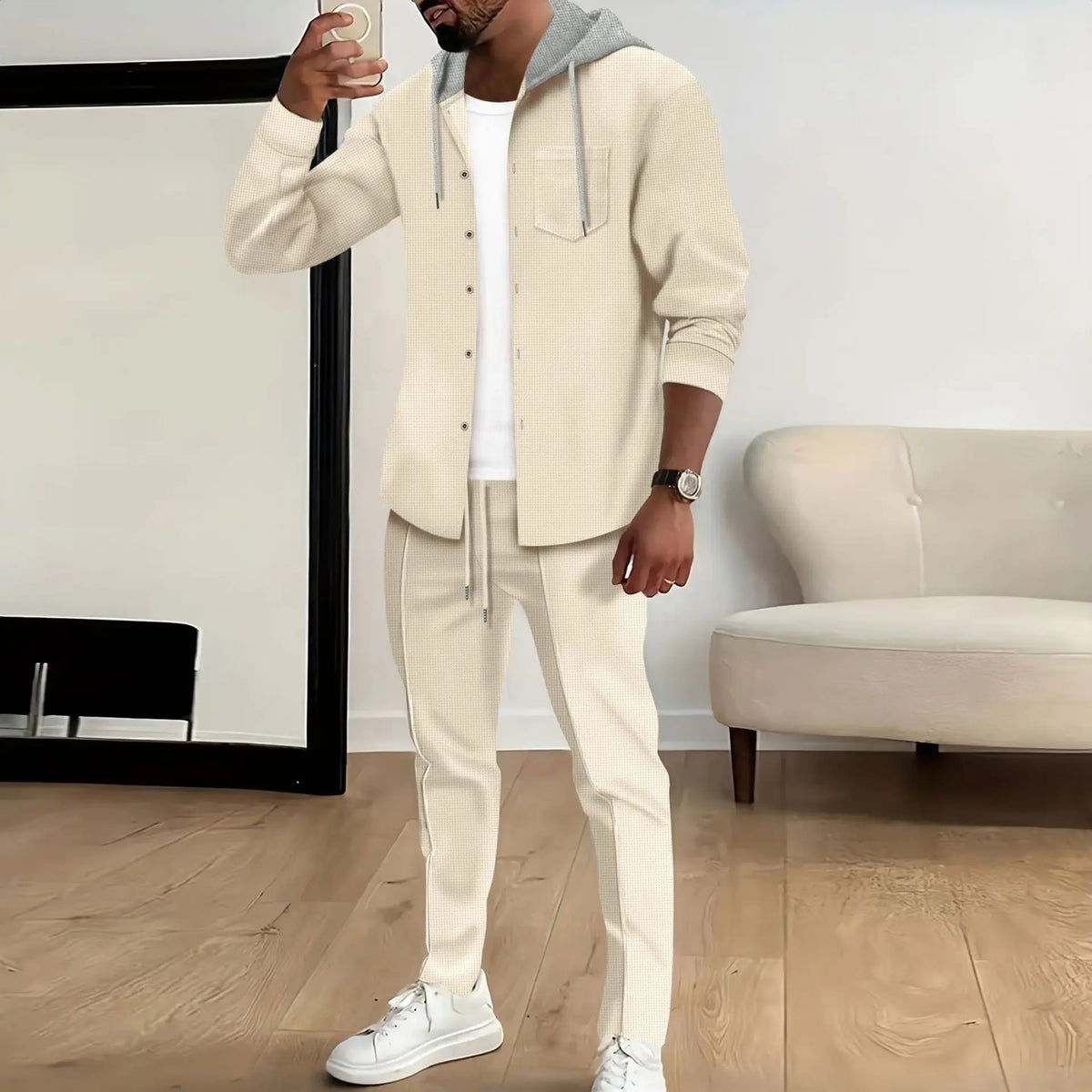 Spring and Autumn New Waffle Men's Casual Slim-Fit Hooded Long-Sleeved Cardigan Matching Color Fashion High Quality Tracksuit Pa