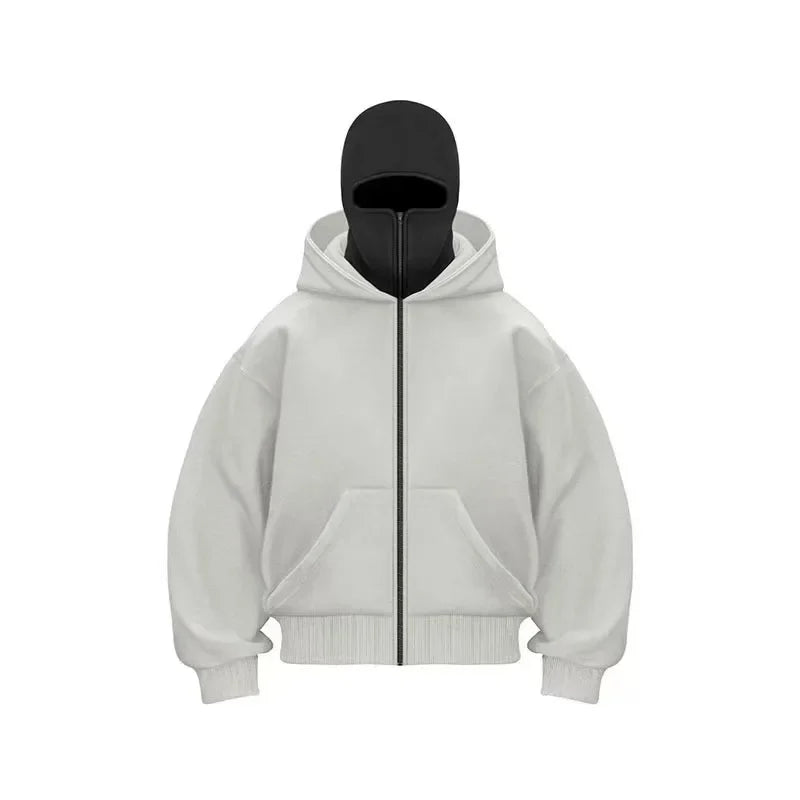 Men Hip Hop Double Hat Balaclava Hoodie Windproof Zipper Face Mask Sweatshirt Streetwear Trend Autumn Fashion Hooded Jacket Coat