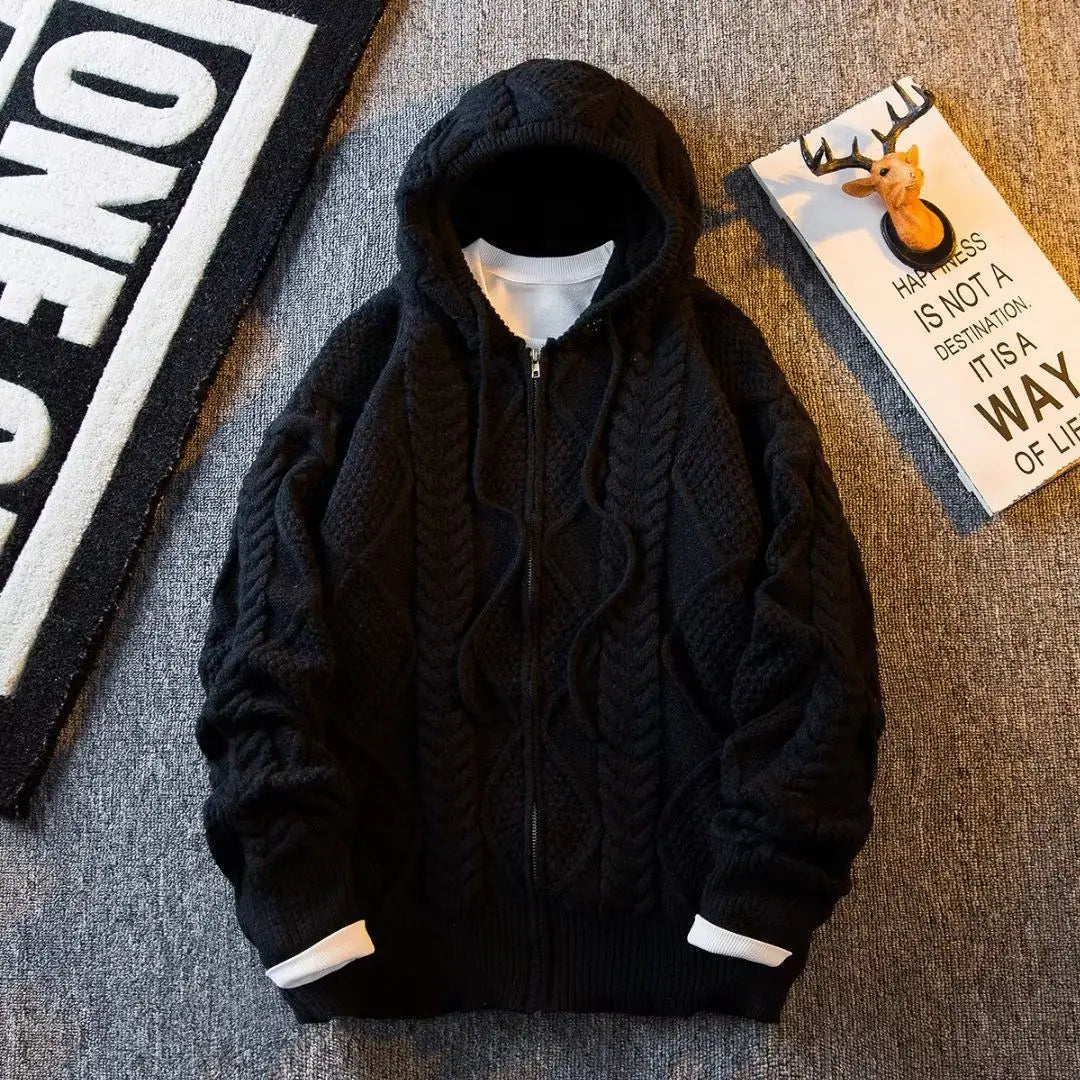 New Fashion England Style Hooded Streetwear Zipper Cardigan Autumn Winter Knitted Thick Sweater for Men with Hat Mens Clothes