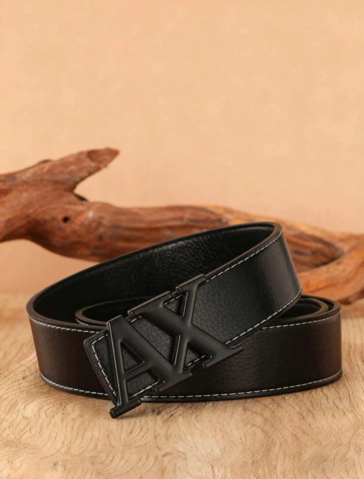 Men's  Belt with Silver A - Shape Automatic Buckle, Slim Business Casual Waist Strap for Dress Pants, Black