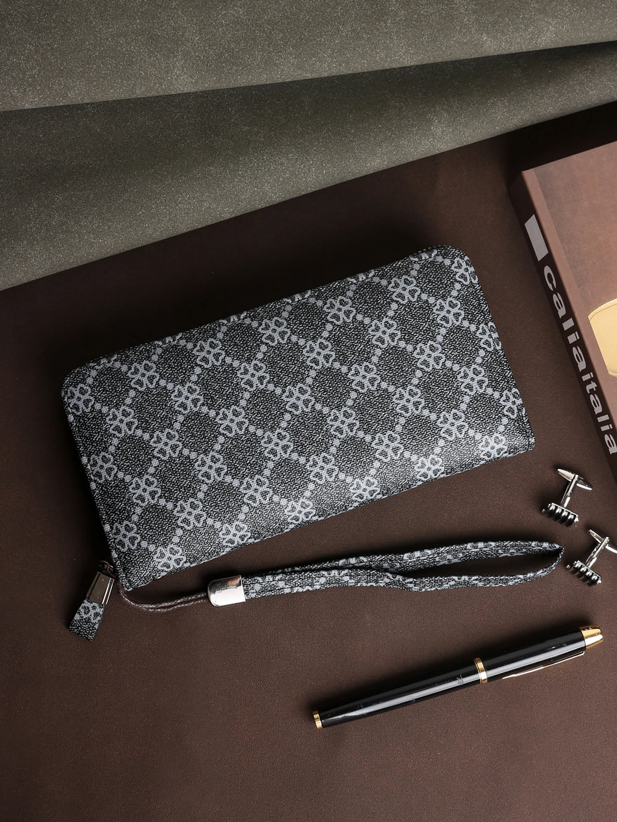Men's Long Wallet - Premium PU Leather with Detachable Wrist Strap, Business Metal Hardware Organizer