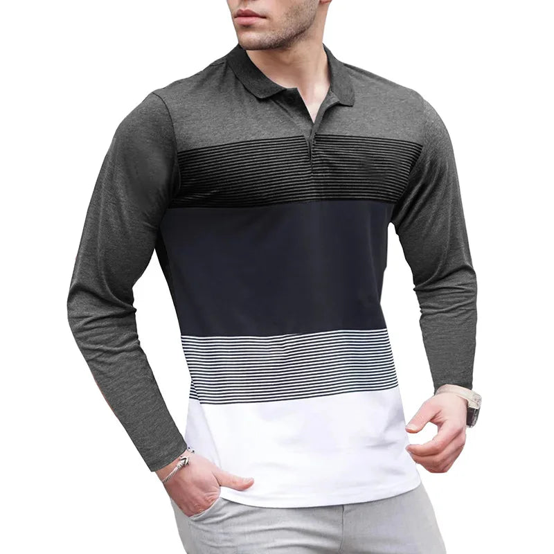 Men's Long Sleeve Polo Shirt Color Block Stripe Design Casual Slim Fit Pullover Breathable Knit Top for Daily Wear & Layering
