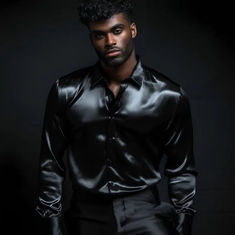 Bright face shirt, men's long sleeved autumn and winter men's clothing, satin nightclub style, solid color trend, men's trend