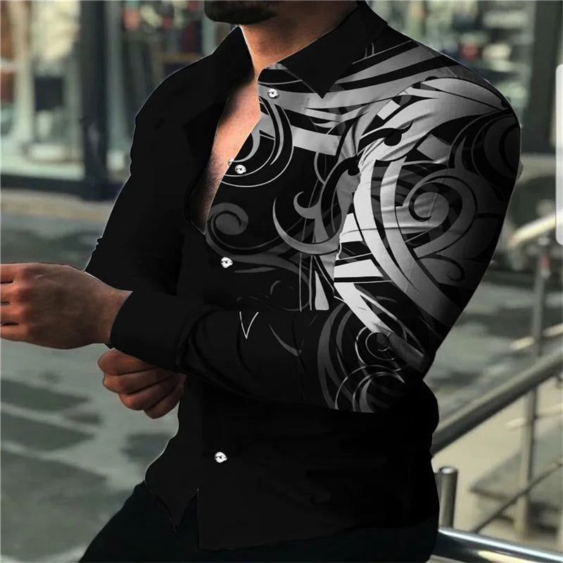 Men's Casual Graffiti 3D Printed Shirt Collar Simple Men's Long Sleeve Fashion Street Shirt Men's Loose Top