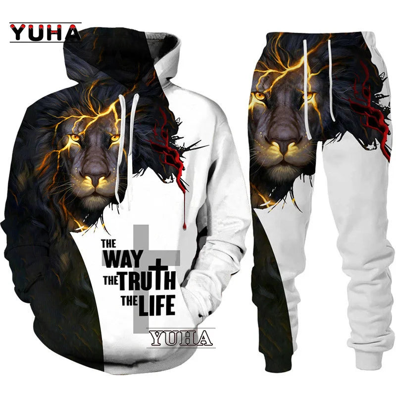 Two Piece Set Christian Bible Faith Jesus God Men's Hoodie/Suit Cool 3D Lion Printed Streetwear Couple Clothes Jogging Tracksuit
