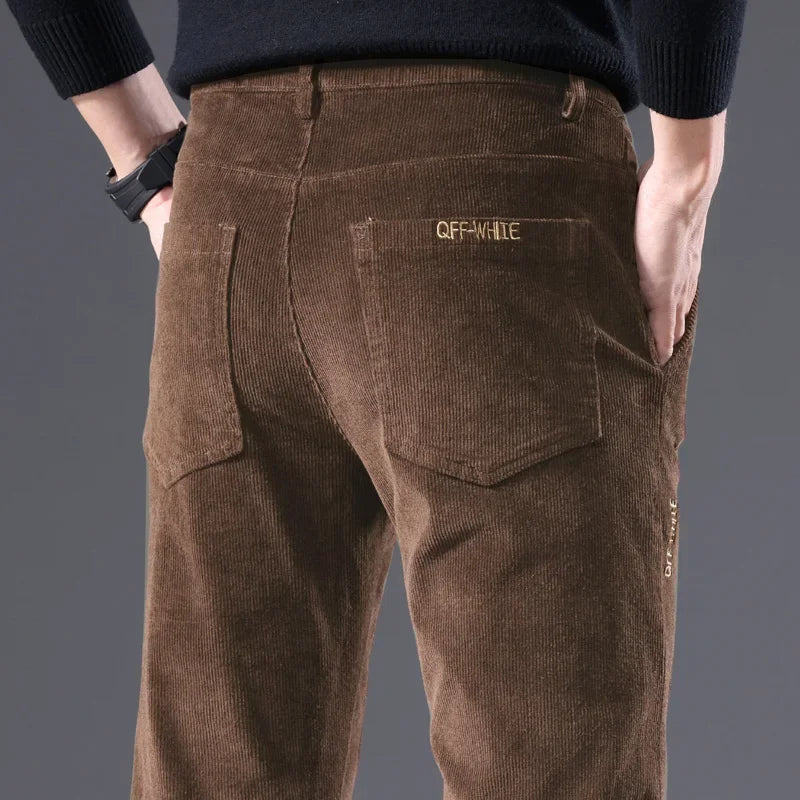 Men's Solid Straight Leg Corduroy Fabric Casual Pants Male Army-green Coffee Office Pants Stylish Youth Autumn Winter Trousers