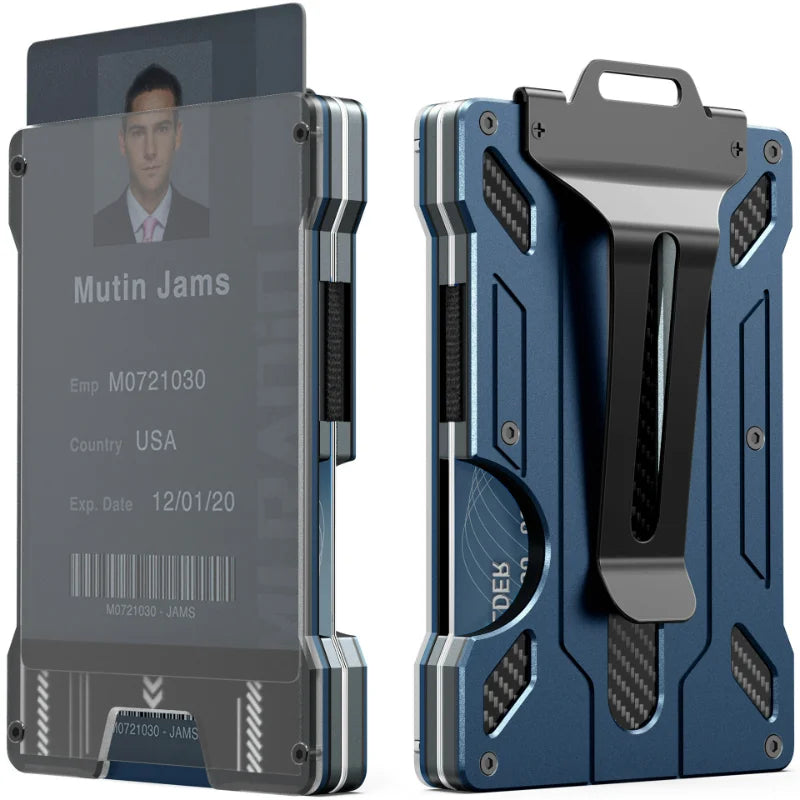 Minimalist Wallet for Men- Slim Aluminum Metal Money Clip Wallet with Clear ID Card Holder, Carbon Fiber Wallet, RFID Blocking