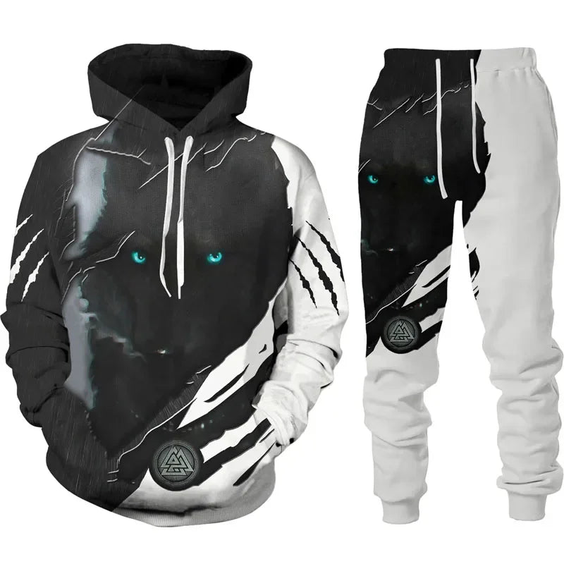 Spring Men's Hooded 3D Animal War Wolf Printed  Sweater Set Male Sportswear Tracksuit Long Sleeve Men Clothing Suit