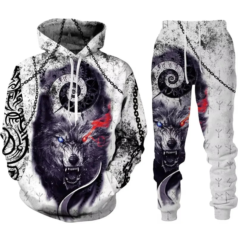 Spring Men's Hooded 3D Animal War Wolf Printed  Sweater Set Male Sportswear Tracksuit Long Sleeve Men Clothing Suit