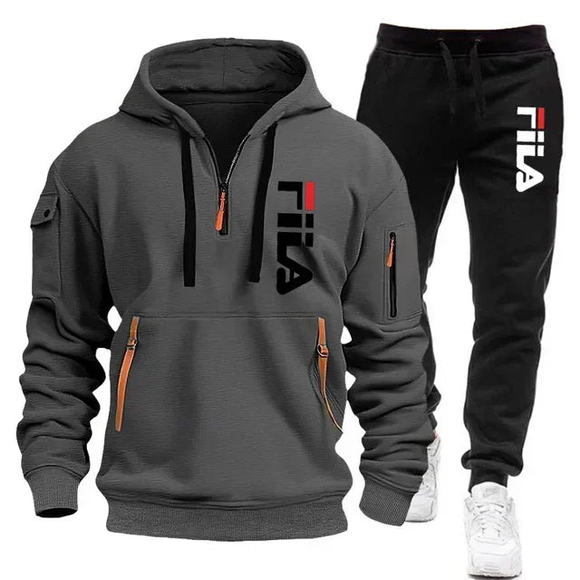 2026 Autumn and winter new men's multi pocket zipper hooded sports shirt+pants two-piece set, men's casual pullover sports set