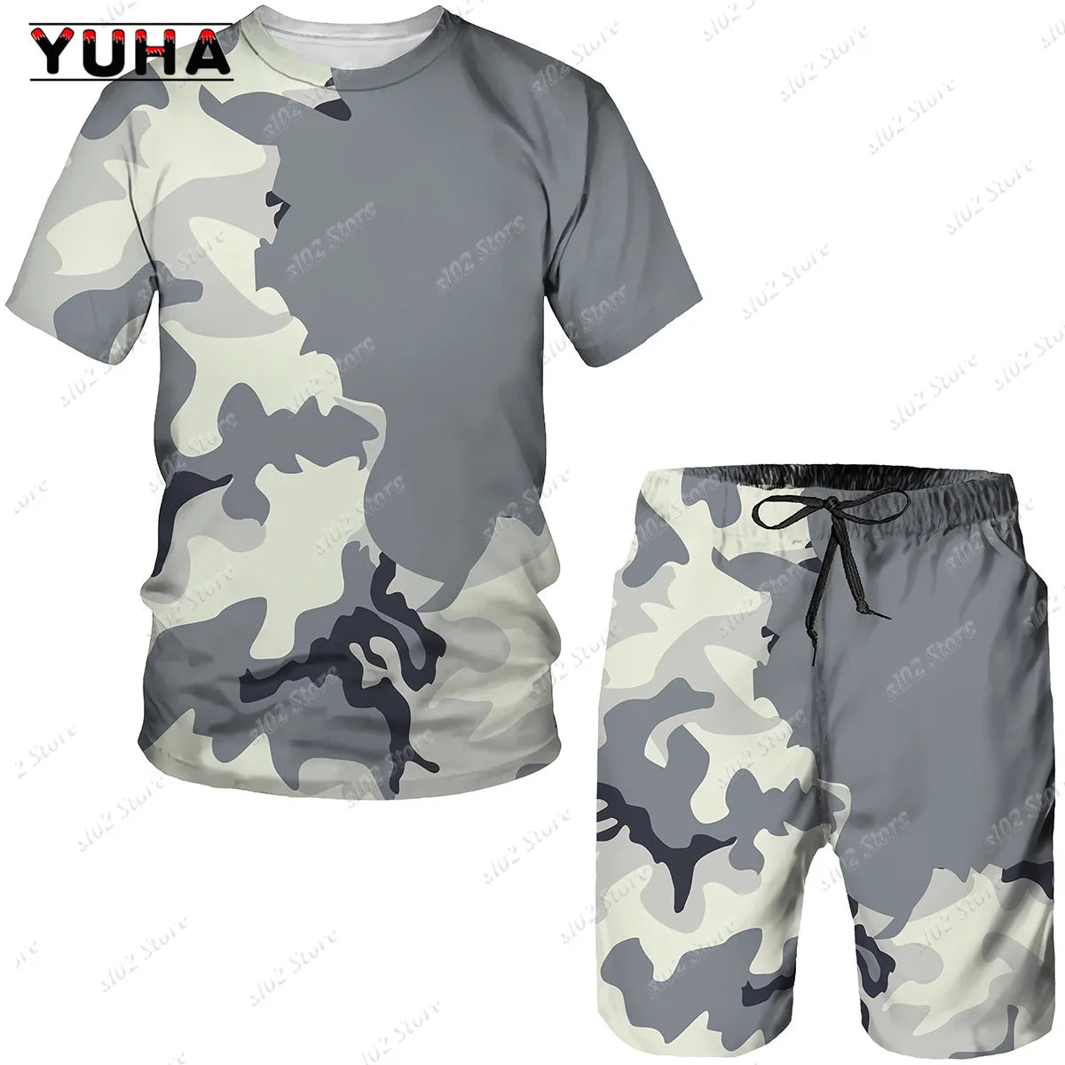 YUHA Summer Camouflage Tees/Shorts/Suits Men's T Shirt Shorts Tracksuit Sport Style Outdoor Camping Hunting Casual Mens Clo