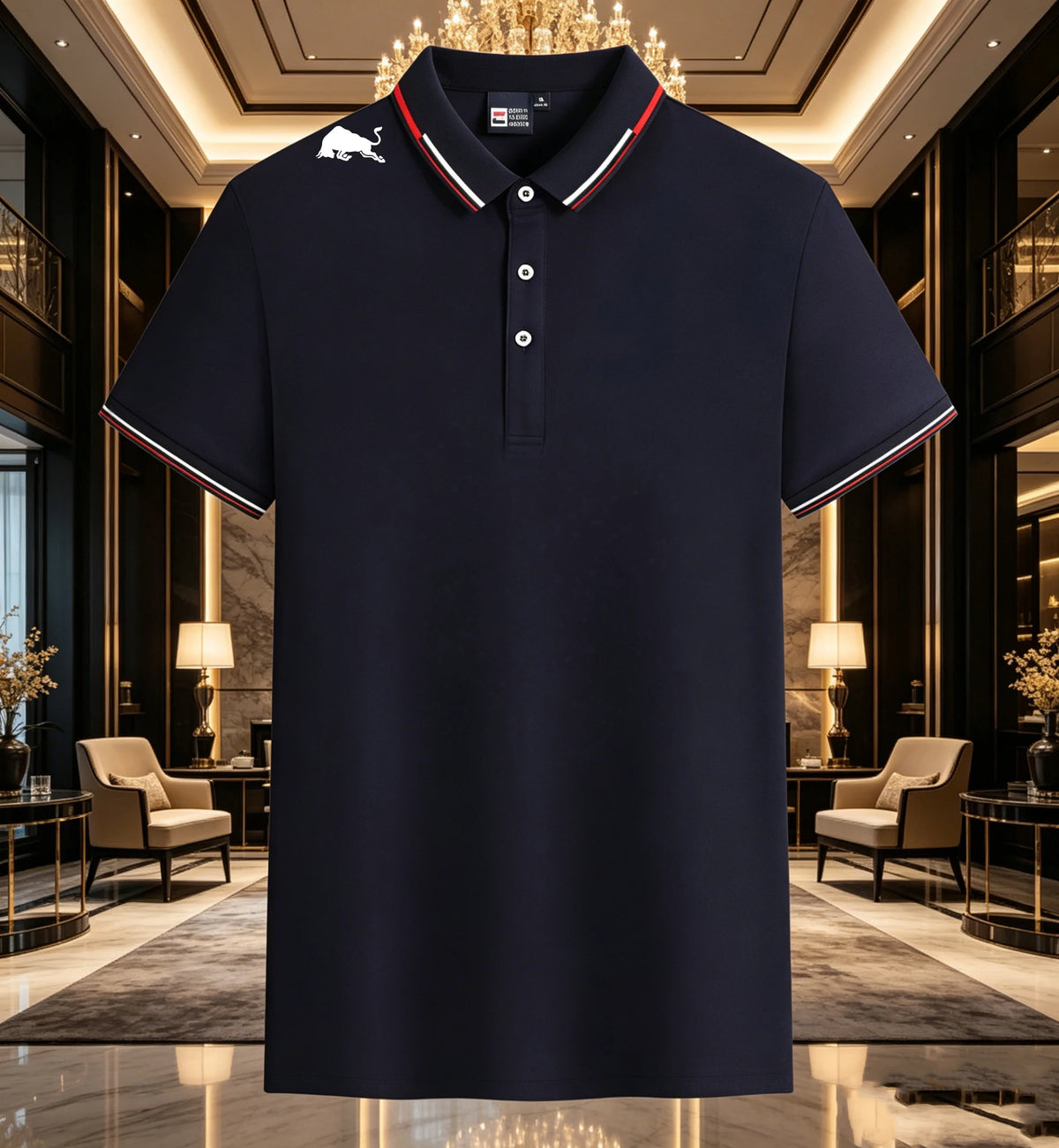 Men Black Polo Shirts Red White Striped Collar Cuff With Shoulder Bull Print Breathable Golf Tops