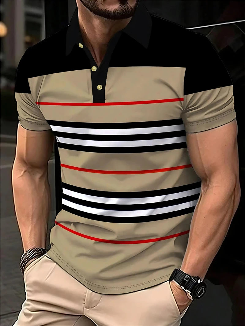 Simple Striped Polo Shirts For Men Summer Casual Short Sleeve 3D Printed Business Polo Shirt Loose Breathable Daily Wear Tees