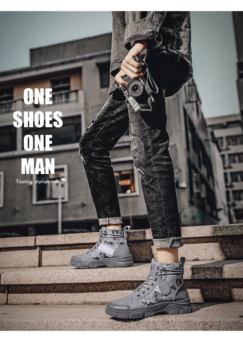 Men's Shoes Camouflage High Top Work Boots New Comfortable Sneakers Men Outdoor Hiking Shoes Men Non-Slip Lace-Up Platform Boots