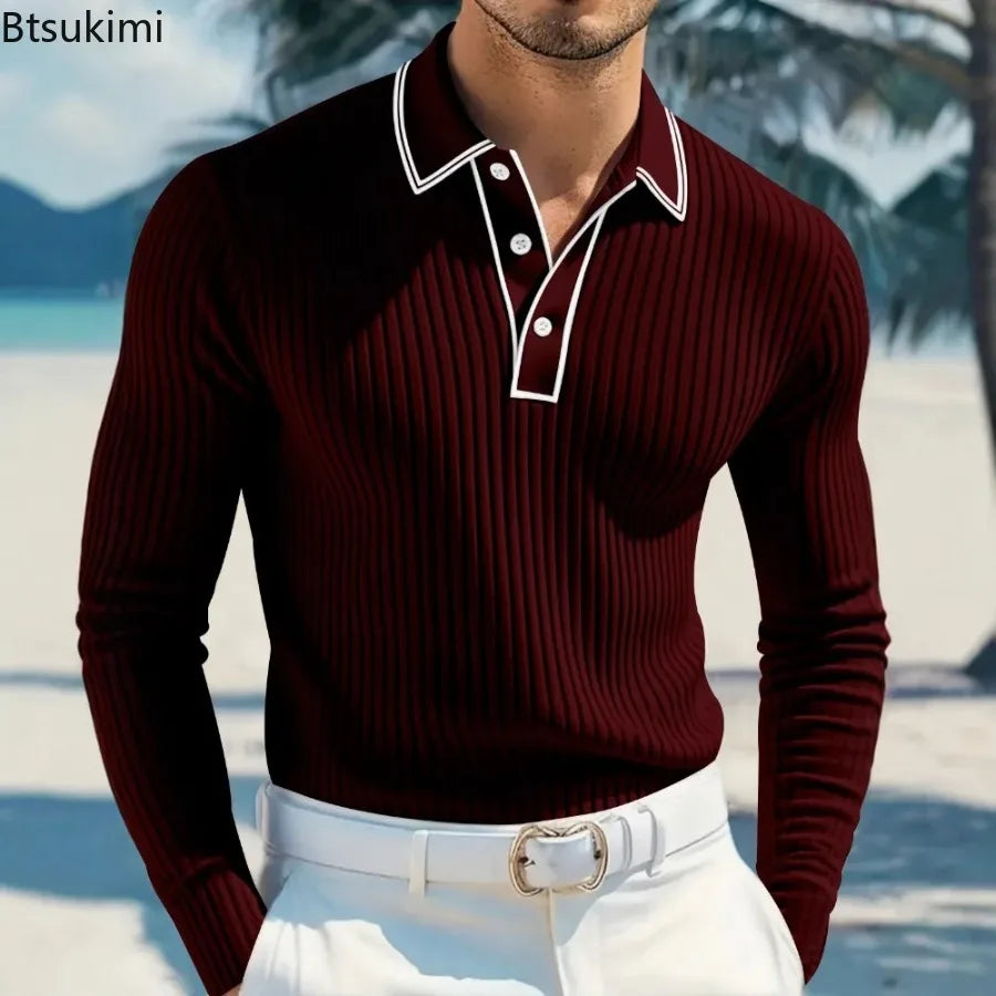 New Men's Long Sleeve Knitted Polo Shirt Classic Cotton Knit with Button Placket Business Casual & Golf Top Spring Autumn Shirts