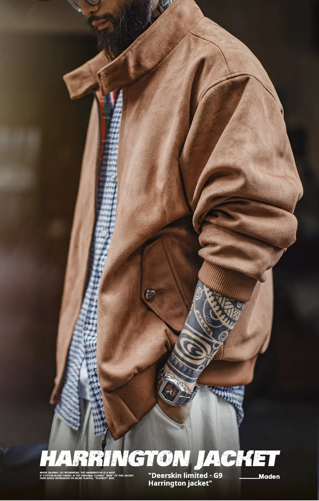 Maden Vintage Men's Suede Jackets Zippered Stand Collar Windbreaker with Tartan Lining Warm Coat for Autumn Winter Streetwear