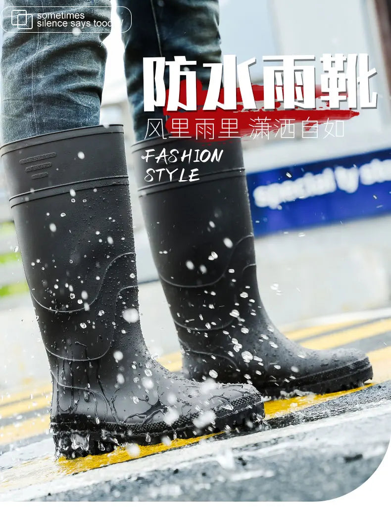 Men's High-Top Rain Boots, Black, Non-Slip, Waterproof, Wear-Resistant, Outdoor Boating, Fishing, Long-Tube Water Shoes, Farm Work Rain Boots
