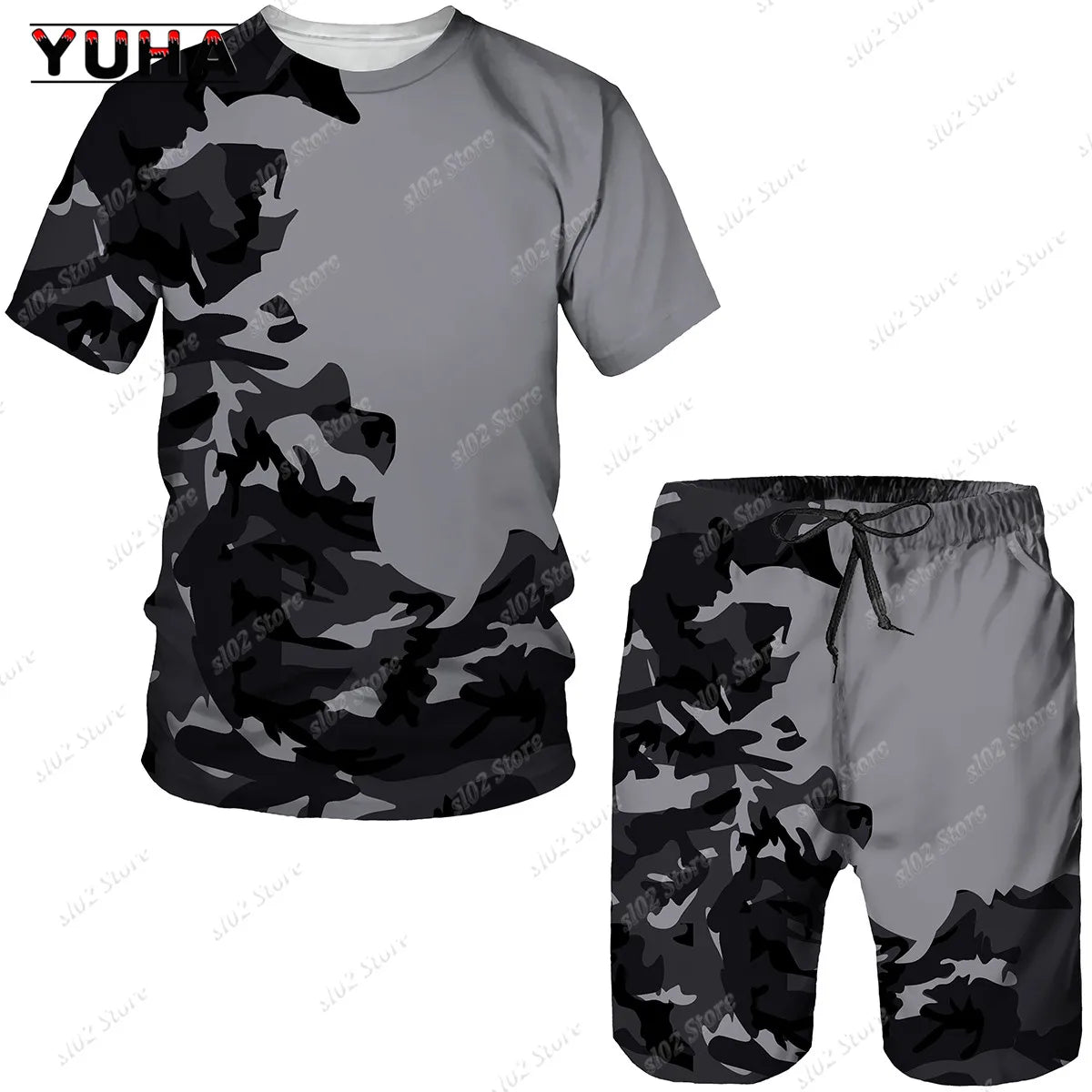 YUHA Summer Camouflage Tees/Shorts/Suits Men's T Shirt Shorts Tracksuit Sport Style Outdoor Camping Hunting Casual Mens Clo