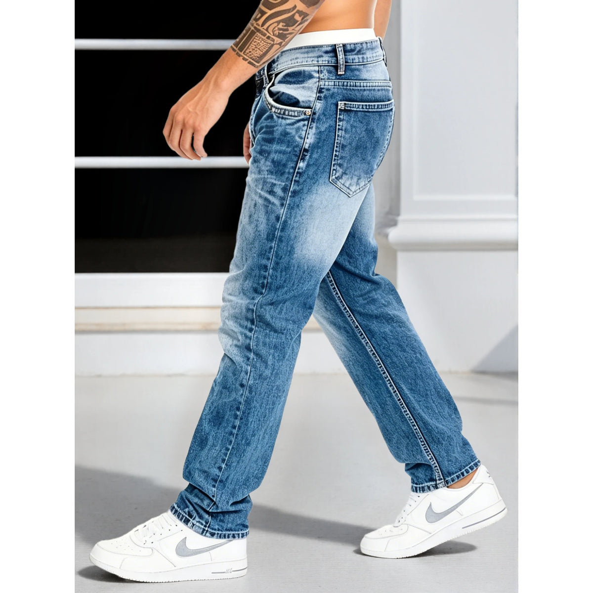 Men's Jeans Man Pants Classic Straight Cut Stretchl Denim Trousers Vintage Washed Solid Color for Street Style