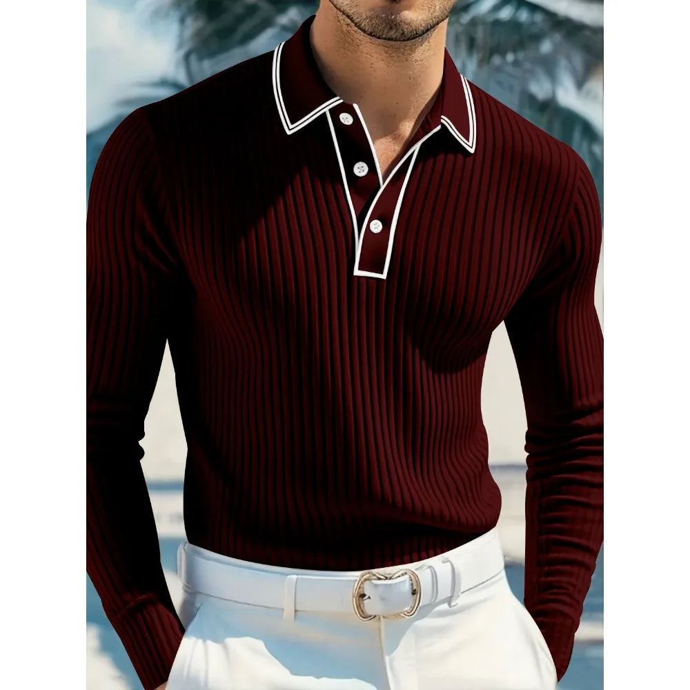 New Men's Long Sleeve Knitted Polo Shirt Classic Cotton Knit with Button Placket Business Casual & Golf Top Spring Autumn Shirts