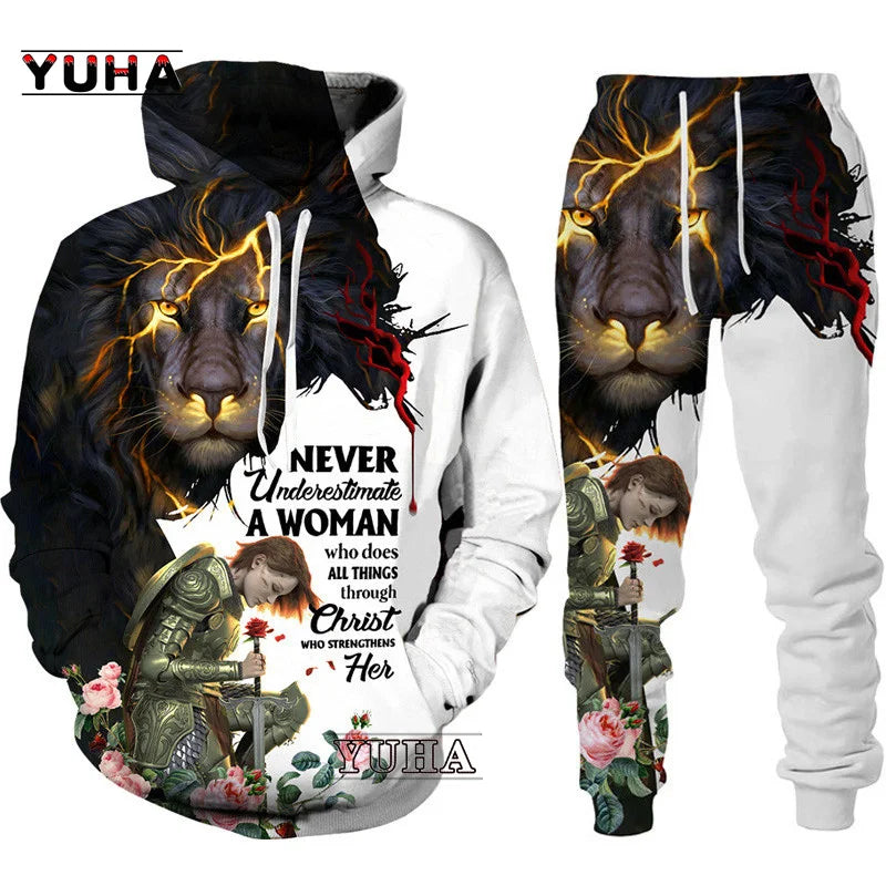Two Piece Set Christian Bible Faith Jesus God Men's Hoodie/Suit Cool 3D Lion Printed Streetwear Couple Clothes Jogging Tracksuit