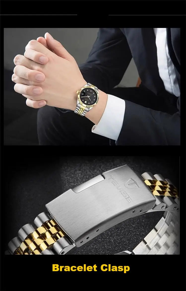 TEVISE  Watch for Men Automatic Mechanical Stainless Steel Waterproof Casual Business Wristwatch Chronograph Date Display Clock
