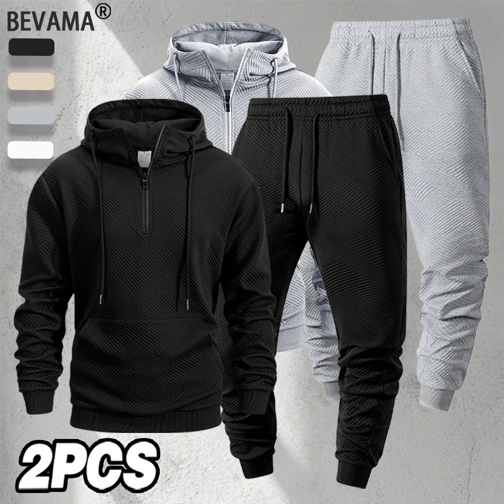 Autumn Outdoor Tracksuit Men's Zippered Hooded Sweatshirt + Pants Two-piece Set Solid Color Casual Sportswear Male Warmth Set