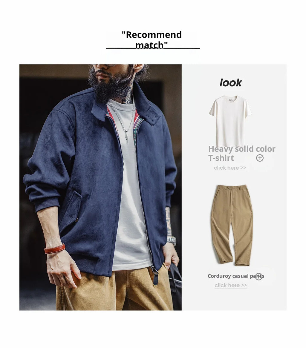 Maden Vintage Men's Suede Jackets Zippered Stand Collar Windbreaker with Tartan Lining Warm Coat for Autumn Winter Streetwear