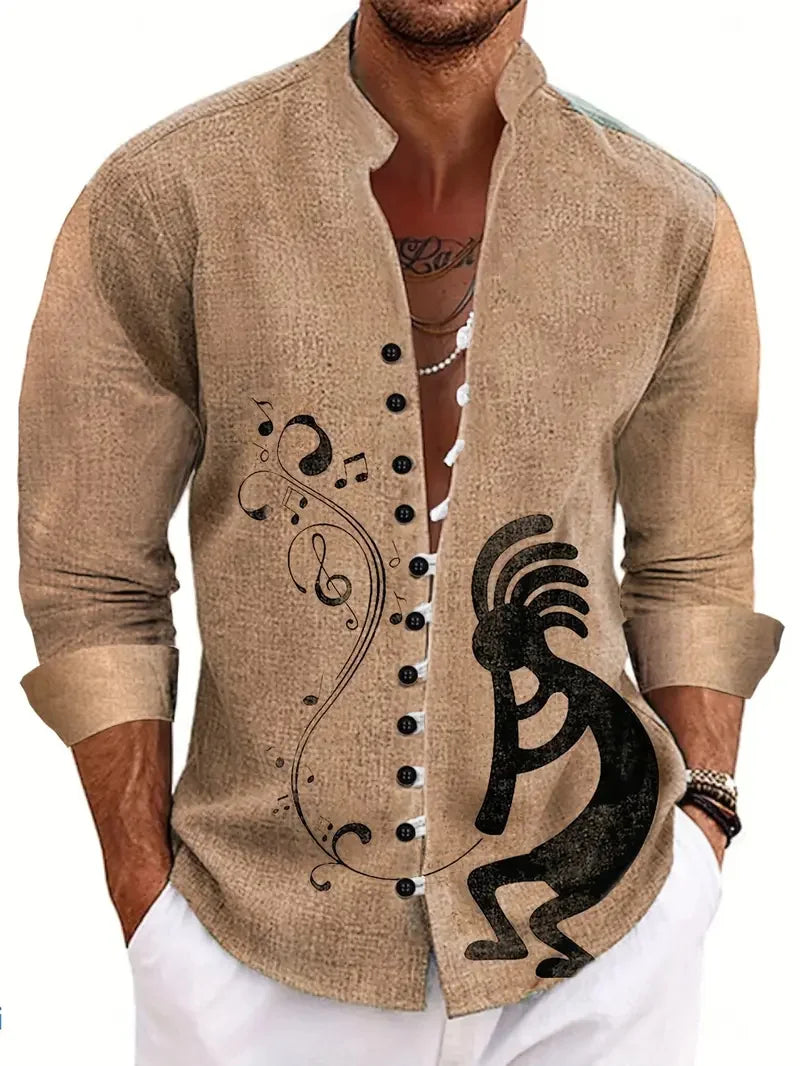 Men's Long Sleeve Lapel Shirt Outdoor Casual Top 3D Geometric Printed Pattern Loose Men's Clothing Top