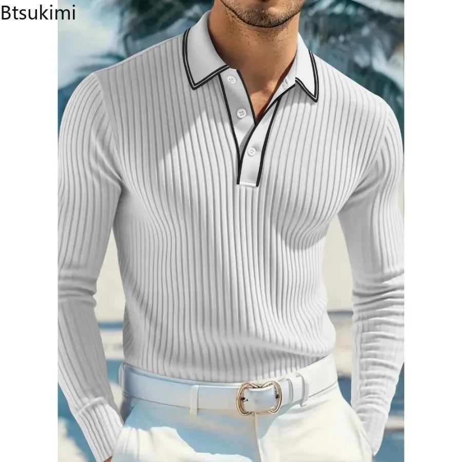 New Men's Long Sleeve Knitted Polo Shirt Classic Cotton Knit with Button Placket Business Casual & Golf Top Spring Autumn Shirts
