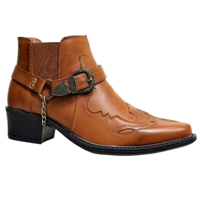 Handmade Men's Boots Vintage Cowboy Boots Leather High Top Casual Shoes Buckle Strap Punk Shoes Pointed Toe Men Motorcycle Boots