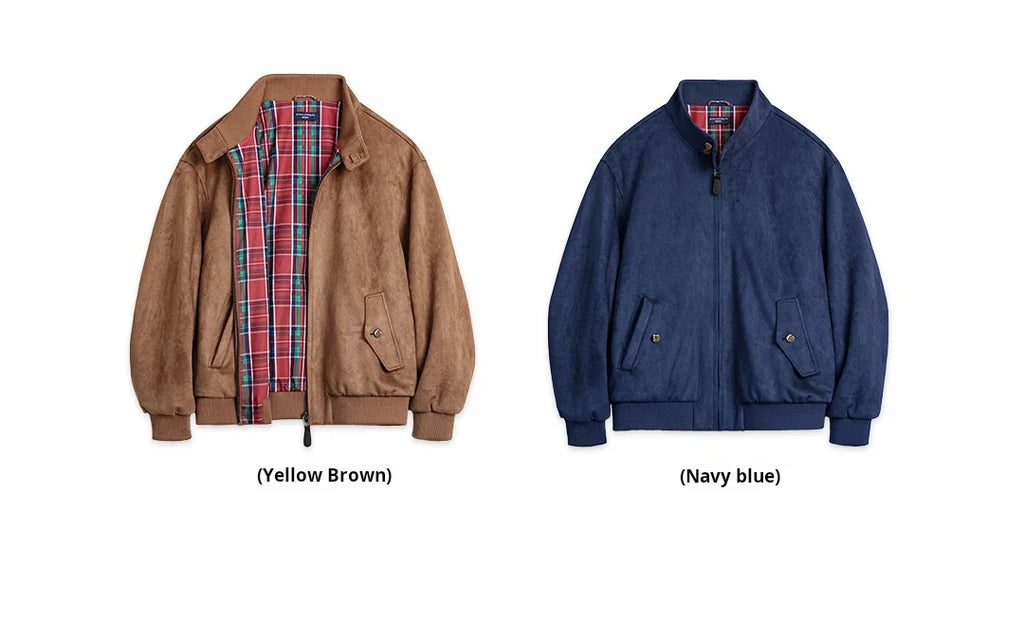 Maden Vintage Men's Suede Jackets Zippered Stand Collar Windbreaker with Tartan Lining Warm Coat for Autumn Winter Streetwear